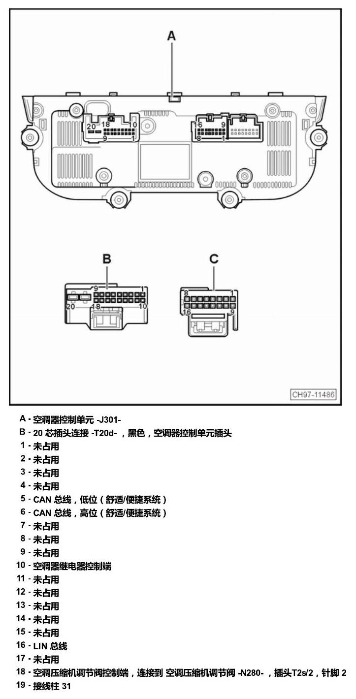 斯柯达柯珞克 汽车中部的控制单元 电路图