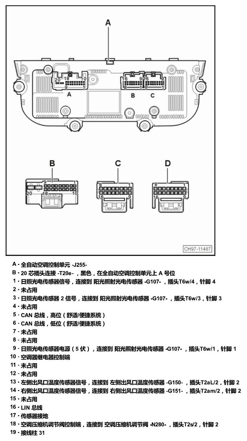 斯柯达柯珞克 汽车中部的控制单元 电路图