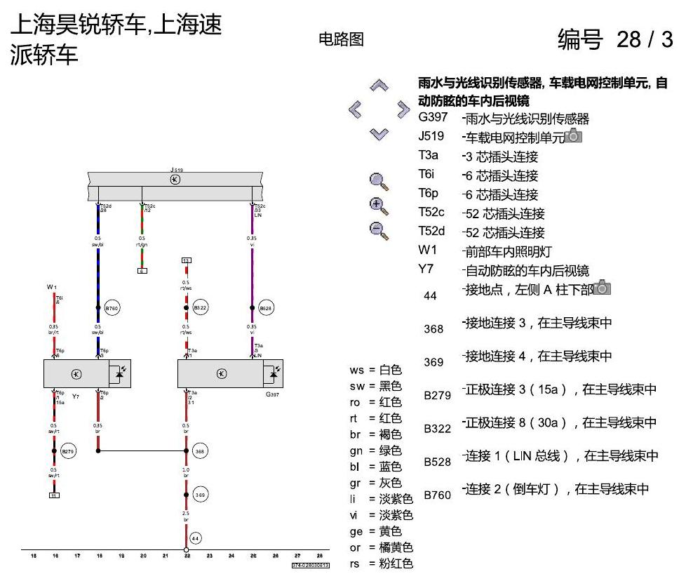 斯柯达速派 自动防眩车内后视镜、雨量传感器 电路图