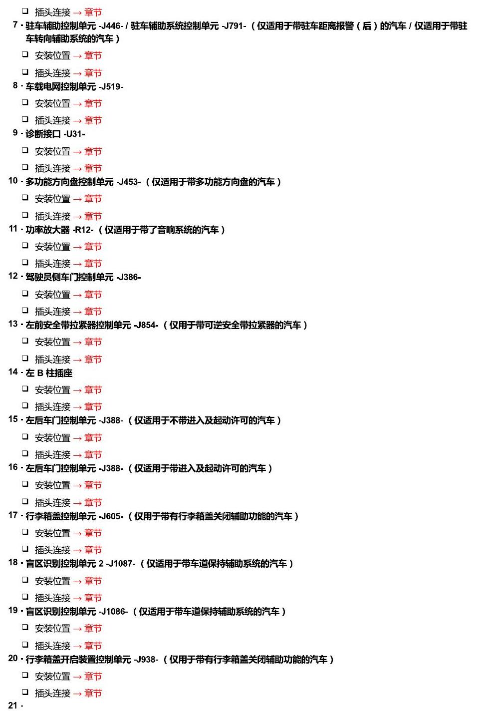 斯柯达速派 MQB 安装位置 车内空间的控制器 电路图
