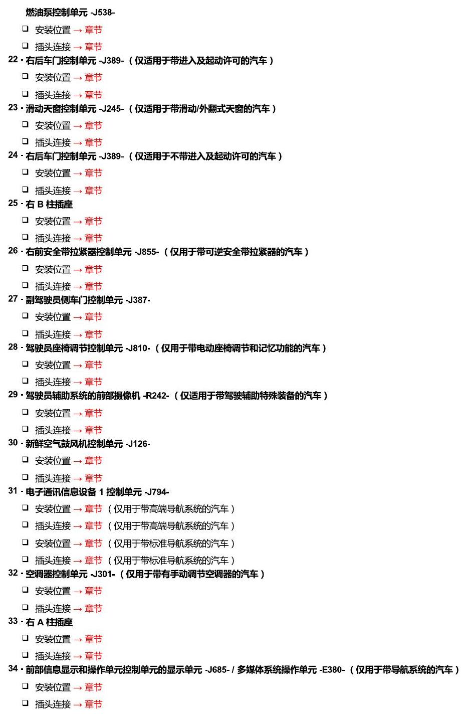 斯柯达速派 MQB 安装位置 车内空间的控制器 电路图