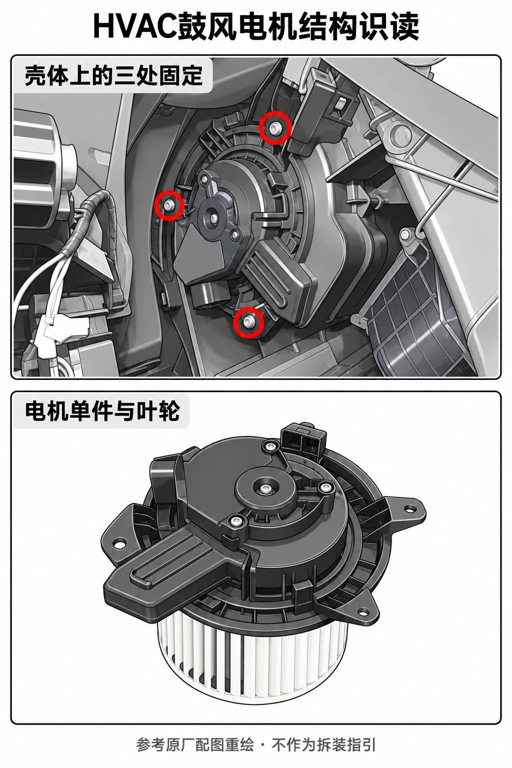2024+ 特斯拉 Model 3 HVAC 鼓风电机结构识读:壳体、叶轮与仪表板关联