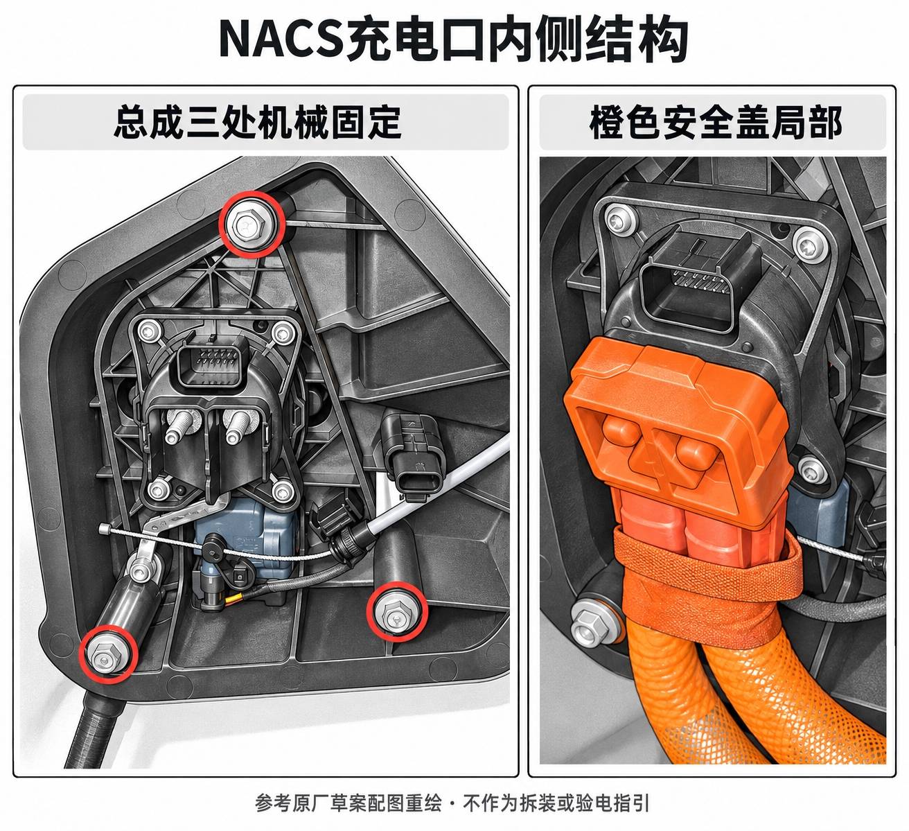 2024+ 特斯拉 Model 3 NACS充电口结构识读:机械固定与内部安全盖