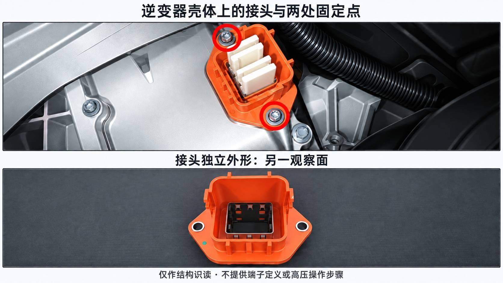 2024+ 特斯拉 Model 3 第三代后逆变器接头结构识读:接头本体与两端支架
