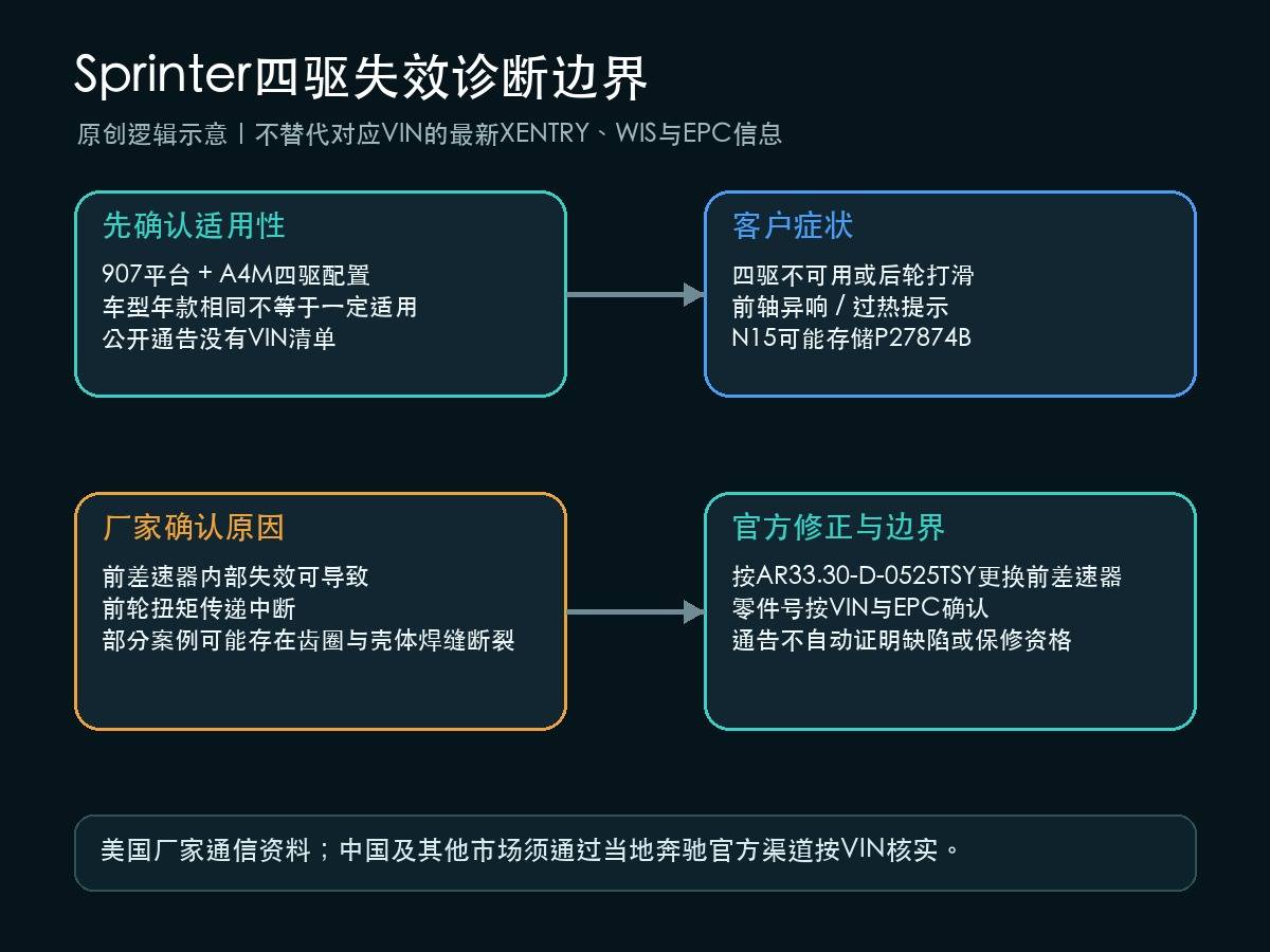奔驰Sprinter四驱失效、P27874B与前差速器换件边界