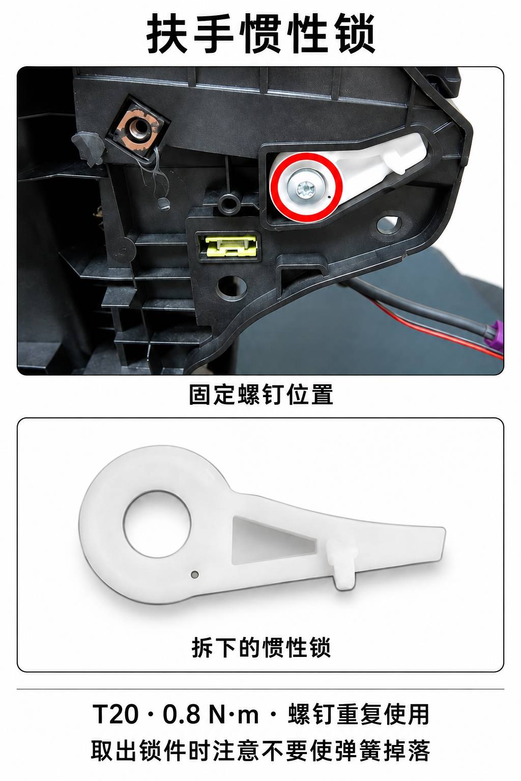 2024+ 特斯拉 Model 3 扶手惯性锁更换:防止弹簧遗失与0.8 N·m紧固