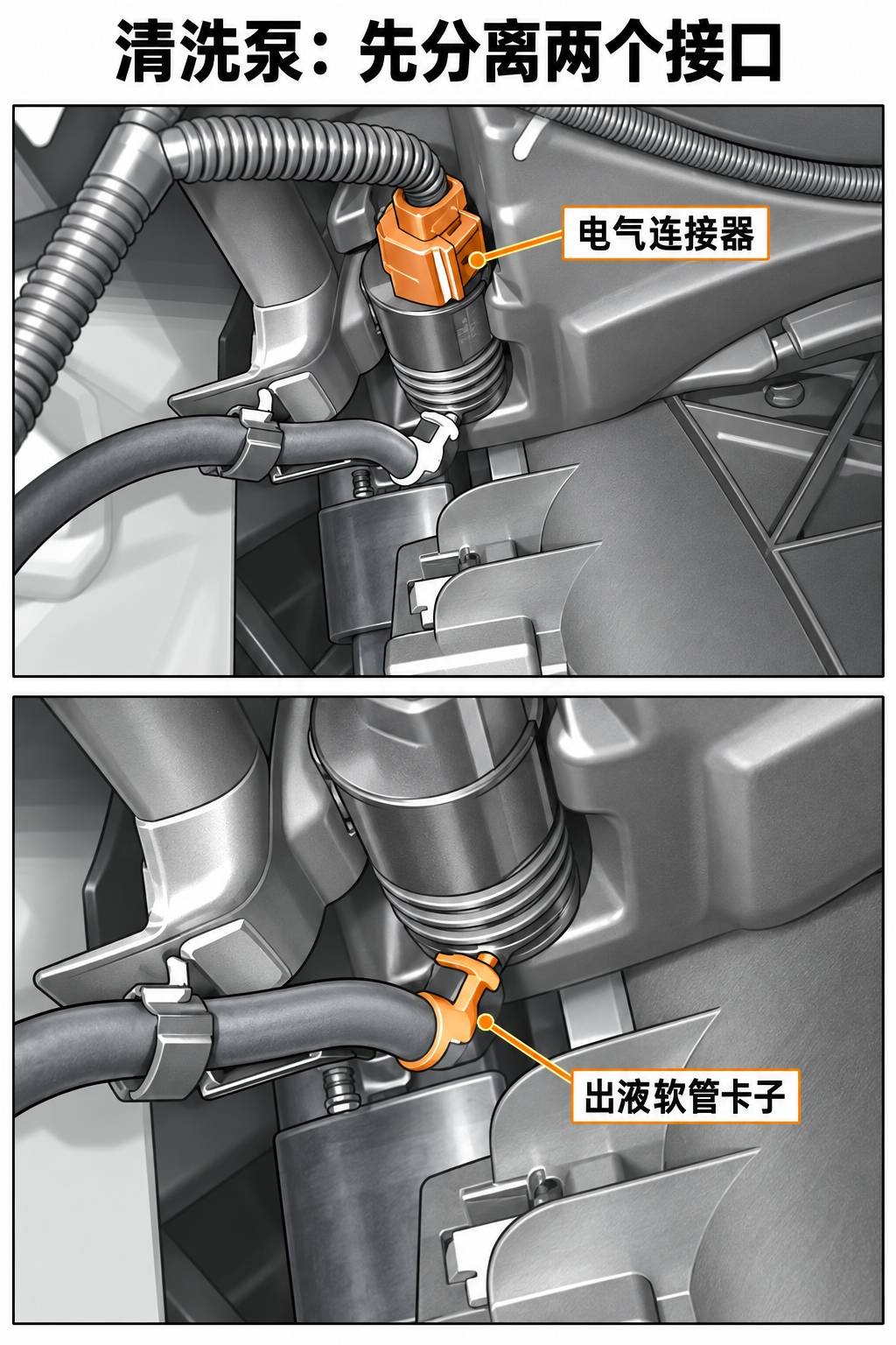 2024+ 特斯拉 Model 3 清洗泵更换:新泵不带索环,安装须对准定位槽-图片1