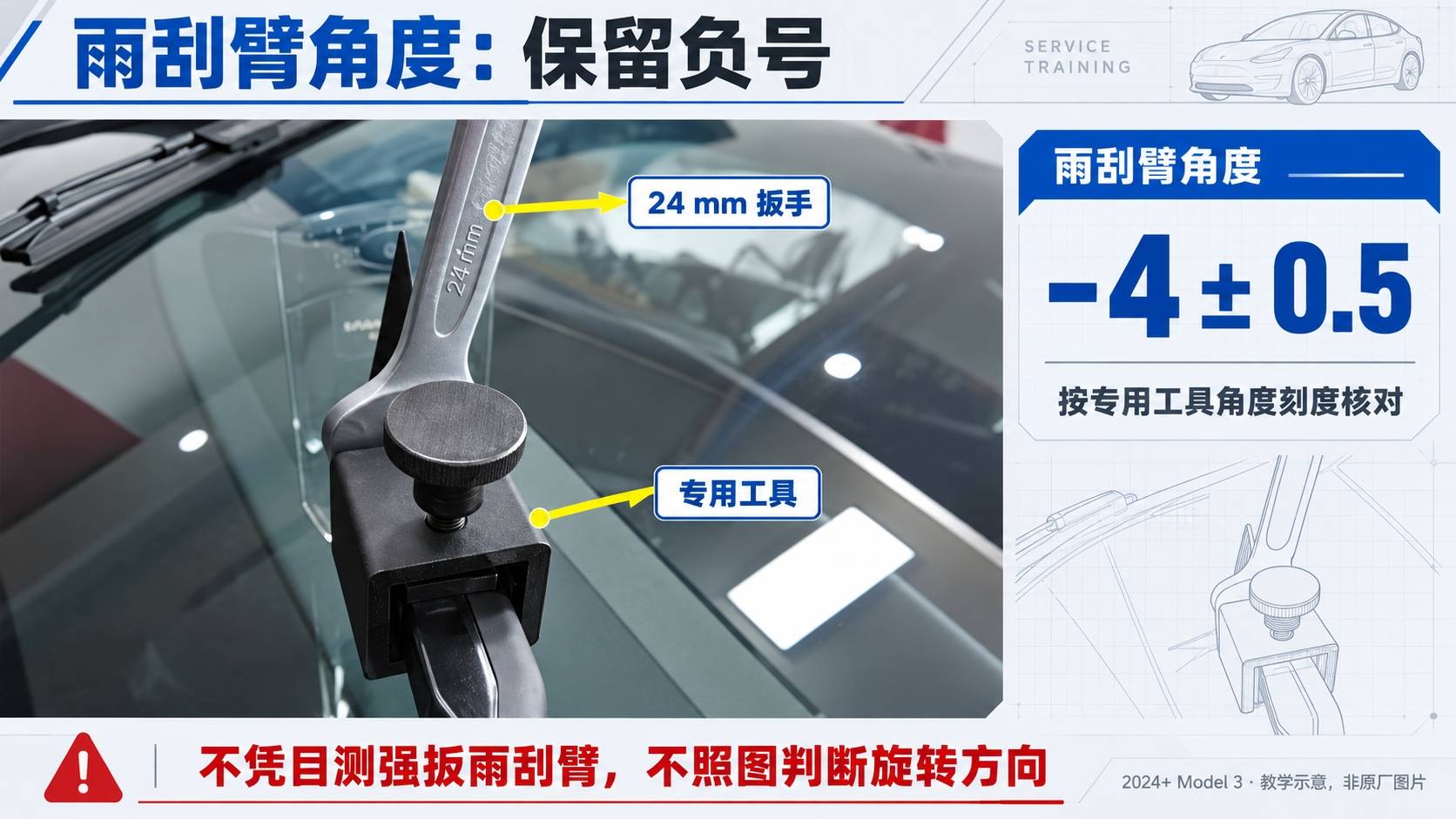 2024+ 特斯拉 Model 3 雨刮角度调整:拖痕复测、双点贴合与负角度读数-图片3