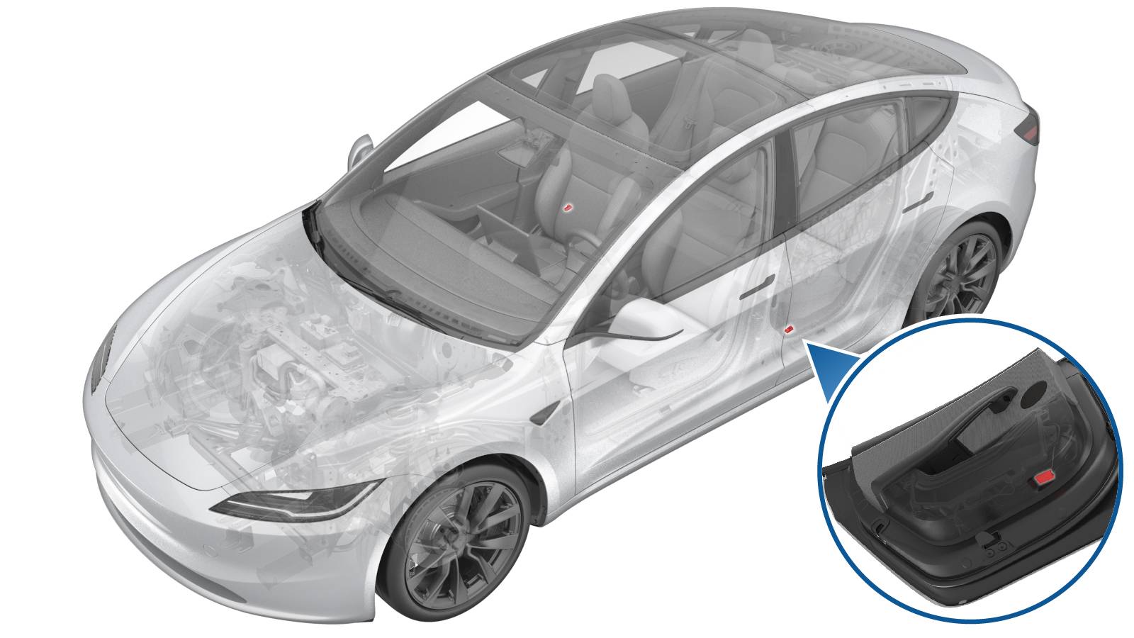 2024+ 特斯拉 Model 3 左后门迎宾灯更换:限位分离、插头解锁与卡子完全接合