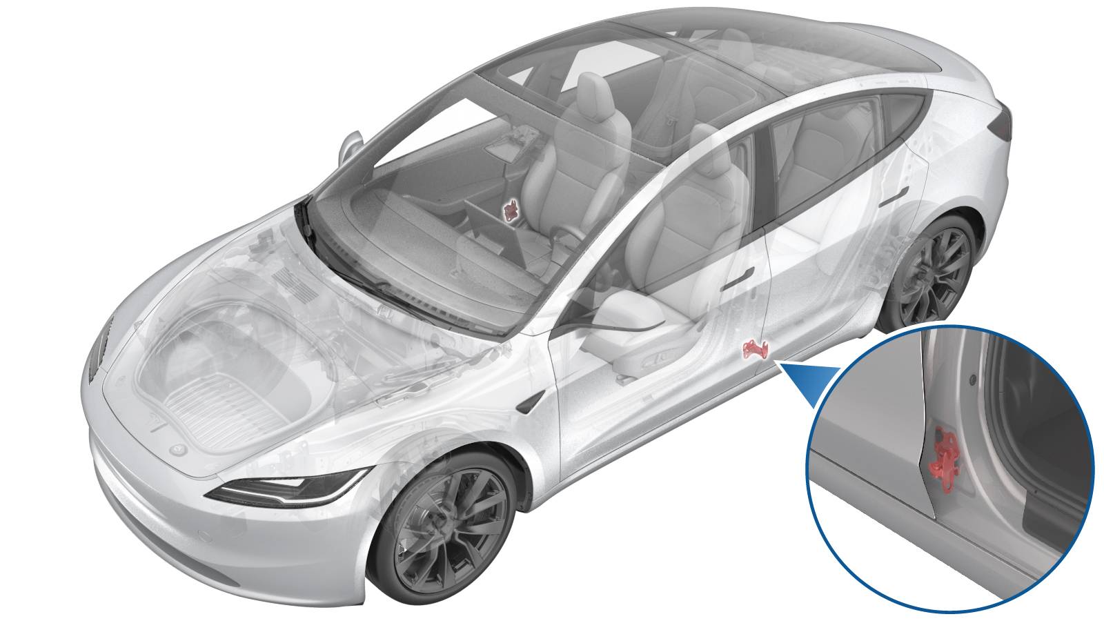 2024+ 特斯拉 Model 3 左后车门下铰链更换:先标记门缝位置,四螺栓 27 N·m-图片1