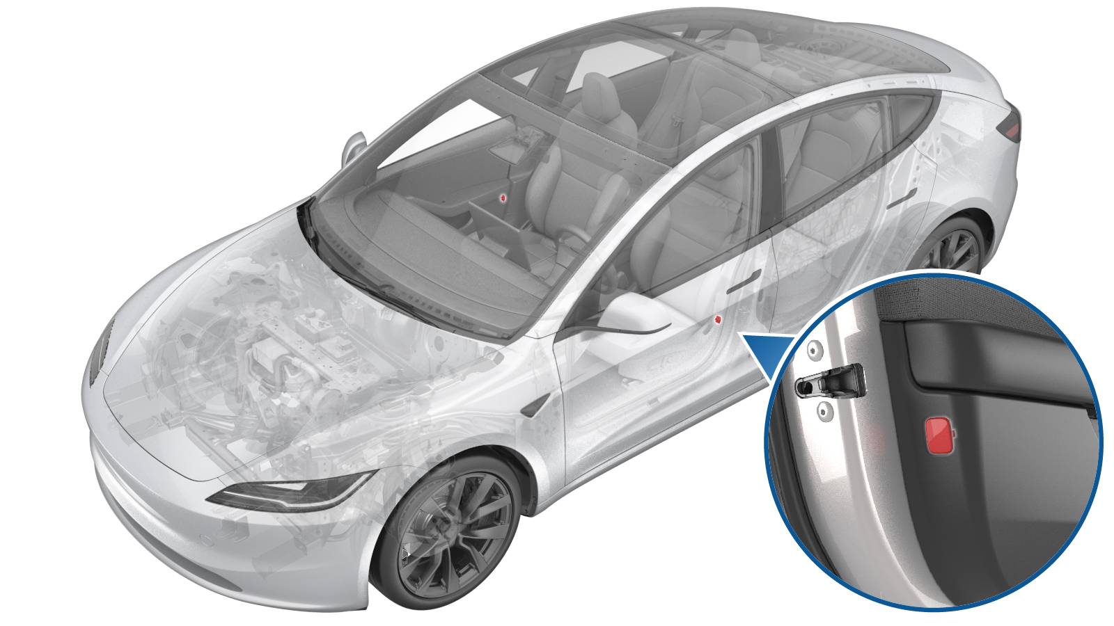 2024+ 特斯拉 Model 3 左前门反光板更换:后缘塑料撬具与完全卡接检查-图片1